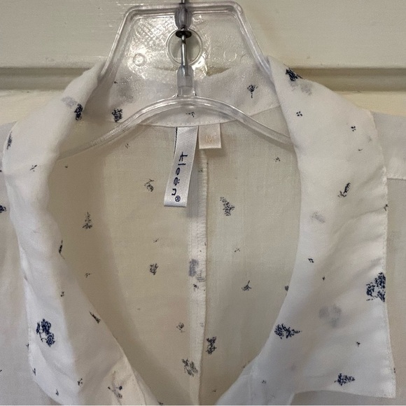 Kleen 100% Ramie Button Down Long Sleeve Shirt Blue White Tunic Womens M Pockets - Picture 3 of 7